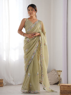 Rajwada Light Green Net Sequins Embroidered Saree With Unstitched Blouse For Women