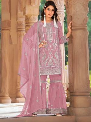 Rajwada Pink Organza Embroidered Semi-Sitched Kurta Set For Women