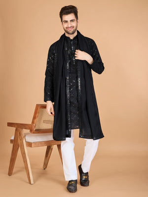 Rajwada Black Viscose Silk Sequins Stitched Kurta For Men