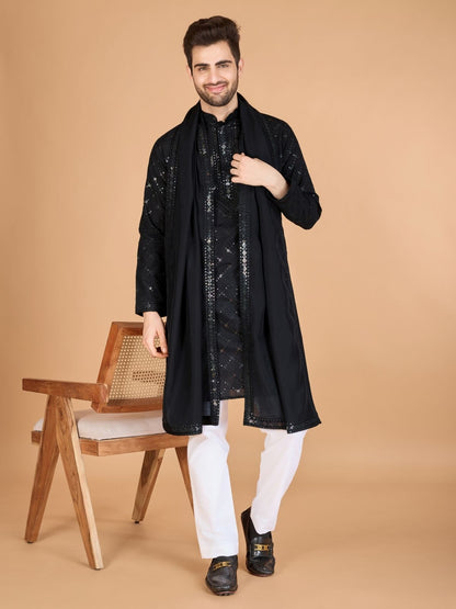 Rajwada Black Viscose Silk Sequins Stitched Kurta For Men