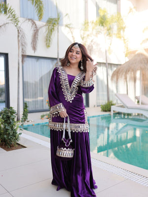 Rajwada Purple Velvet Solid Kurta Set For Women