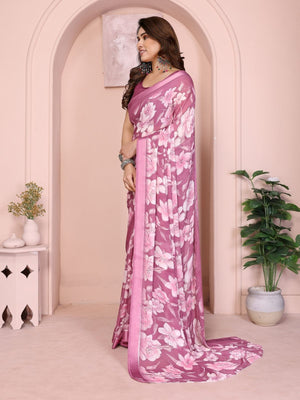 Rajwada Pink Georgette Floral Print Saree For Women
