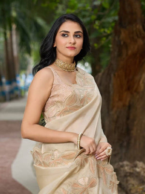 Rajwada Beige Georgette Embellished Solid Saree For Women