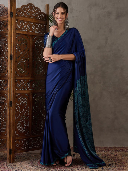 Rajwada Blue Silk Blend Printed Elegant Saree For Women