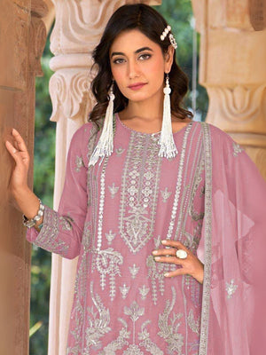 Rajwada Pink Organza Embroidered Semi-Sitched Kurta Set For Women