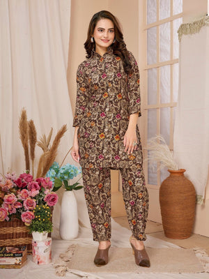 Rajwada Brown Rayon Floral Printed Semi-Stitched Co-Ord Set For Women