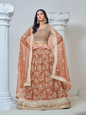 Rajwada Light Brown Net Embroidered Semi-Stitched lehenga For Women