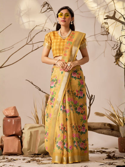 Rajwada Yellow Linen Cotton Printed Saree For Women