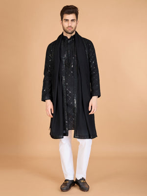 Rajwada Black Viscose Silk Sequins Stitched Kurta For Men