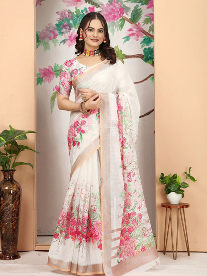 Rajwada Off White Cotton Linen Solid Printed Saree For Women