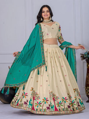 Rajwada Beige And Blue Silk Blend Embroidered Semi-Stitched lehenga For Women
