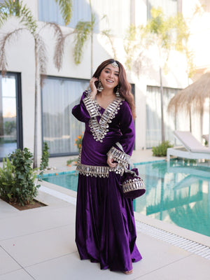 Rajwada Purple Velvet Solid Kurta Set For Women