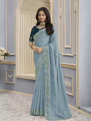 Rajwada Sky Blue Georgette Embroidered Elegant Saree For Women
