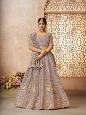 Rajwada Lavender Tissue Embroidered Semi-Stitched Lehenga For Women