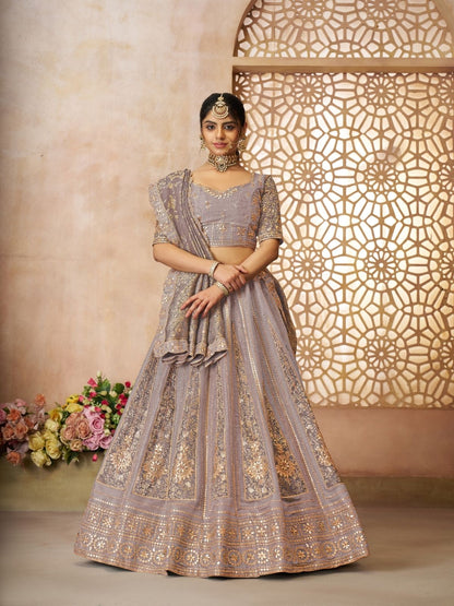 Rajwada Lavender Tissue Embroidered Semi-Stitched Lehenga For Women
