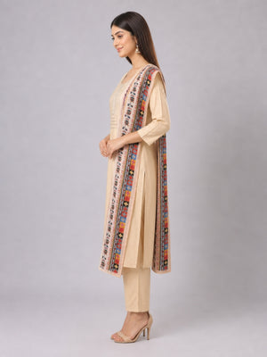 Beige Cotton Blend Plain Kurta Set