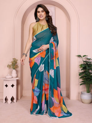 Rajwada Teal Blue Georgette Printed Saree For Women