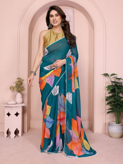 Rajwada Teal Blue Georgette Printed Saree For Women