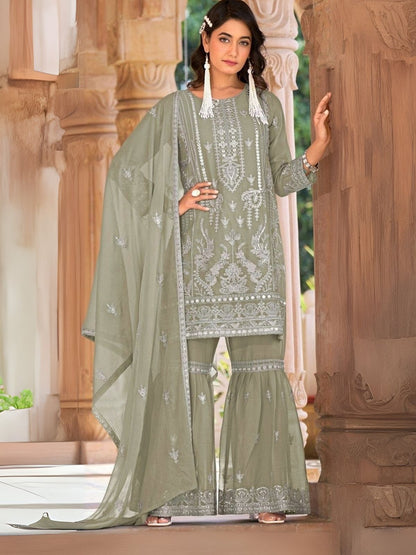Rajwada Green Organza Embroidered Semi-Sitched Kurta Set For Women