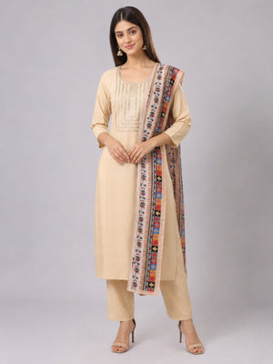 Beige Cotton Blend Plain Kurta Set