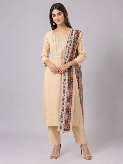 Beige Cotton Blend Plain Kurta Set