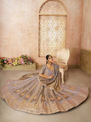 Rajwada Lavender Tissue Embroidered Semi-Stitched Lehenga For Women