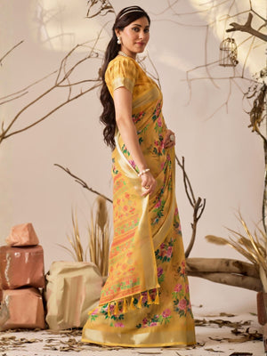 Rajwada Yellow Linen Cotton Printed Saree For Women