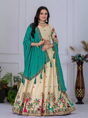 Rajwada Beige And Blue Silk Blend Embroidered Semi-Stitched lehenga For Women
