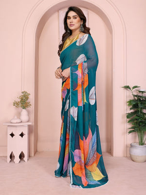 Rajwada Teal Blue Georgette Printed Saree For Women