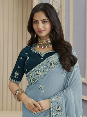 Rajwada Sky Blue Georgette Embroidered Elegant Saree For Women