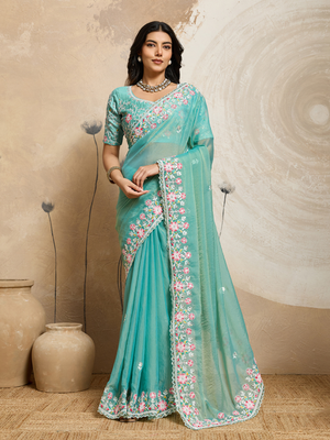 Rajwada Sea Green Chiffon Embroidered Saree For Women