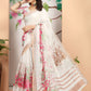 Rajwada Off White Cotton Linen Solid Printed Saree For Women