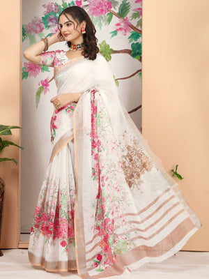Rajwada Off White Cotton Linen Solid Printed Saree For Women
