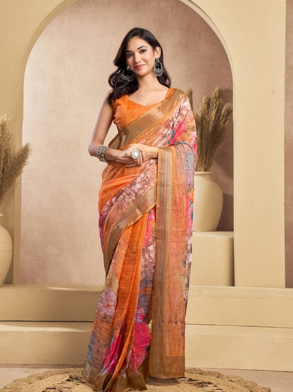 Rajwada Orange Cotton Linen Zari Work Saree For Women