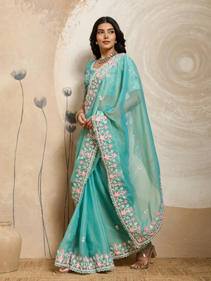 Rajwada Sea Green Chiffon Embroidered Saree For Women