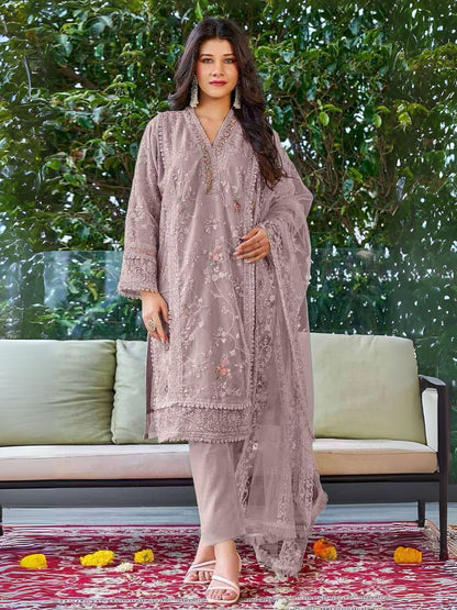Rajwada Mauve Organza Embroidered Semi Stitched Kurta Set For Women