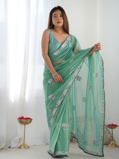 Rajwada Sea Green Net Sequins Embroidered Saree With Unstitched Blouse For Women