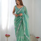 Rajwada Sea Green Net Sequins Embroidered Saree With Unstitched Blouse For Women