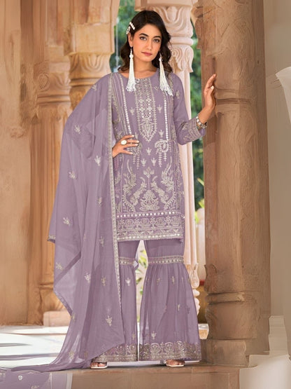 Rajwada Lavender Organza Embroidered Semi-Sitched Kurta Set For Women