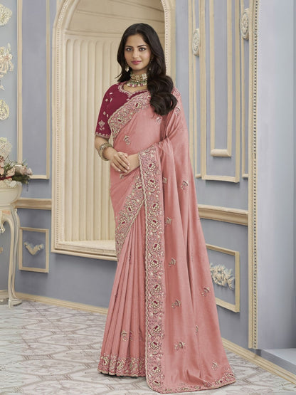 Rajwada Pink Georgette Embroidered Elegant Saree For Women
