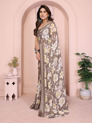 Rajwada Brown Georgette Floral Print Saree For Women