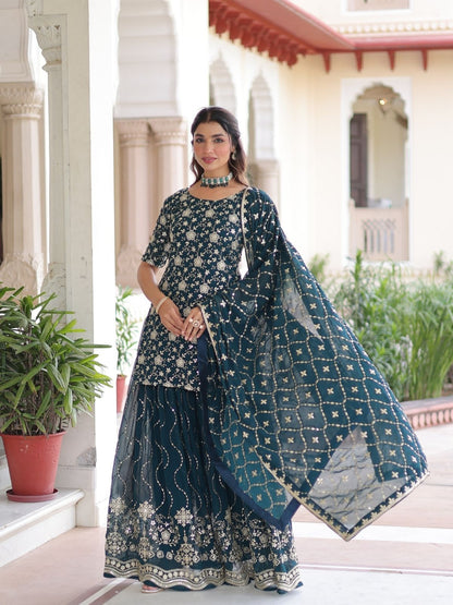 Rajwada Teal Green Georgette Embroidered Kurta Set For Women