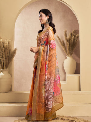 Rajwada Orange Cotton Linen Zari Work Saree For Women