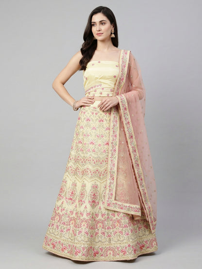 Light Yellow Silk Blend Embellished Lehenga