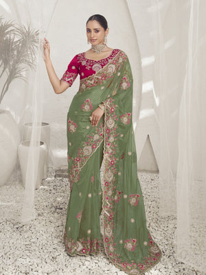 Rajwada Light Green Organza Embroidered Elegant Saree For Women