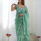 Rajwada Sea Green Net Sequins Embroidered Saree With Unstitched Blouse For Women