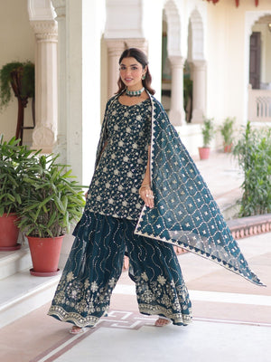 Rajwada Teal Green Georgette Embroidered Kurta Set For Women