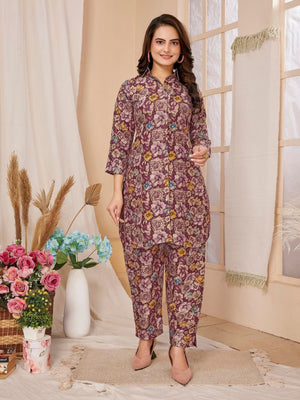 Rajwada Magenta Rayon Floral Printed Semi-Stitched Co-Ord Set For Women