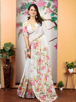 Rajwada Off White Cotton Linen Solid Printed Saree For Women