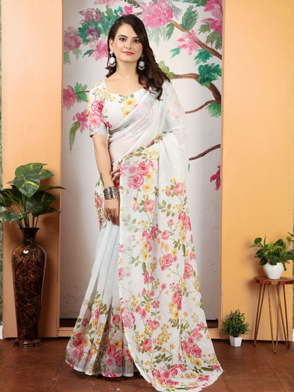 Rajwada Off White Cotton Linen Solid Printed Saree For Women